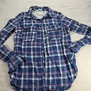 Maurices Navy Pink Plaid Flannel Lace Back Button Down Shirt Boho Western Medium